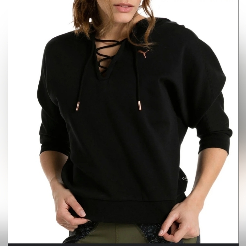 Puma Yogini DryCELL Lace Up Hoodie 3/4 Sleeve Black Copper Logo XS